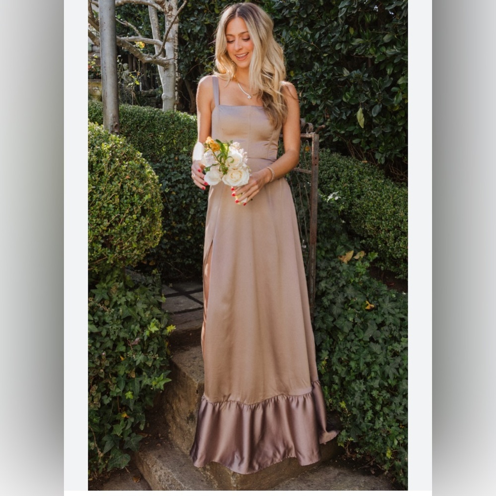 Show Me Your MuMu Taupe Satin Maxi Dress with Ruffle Hem
